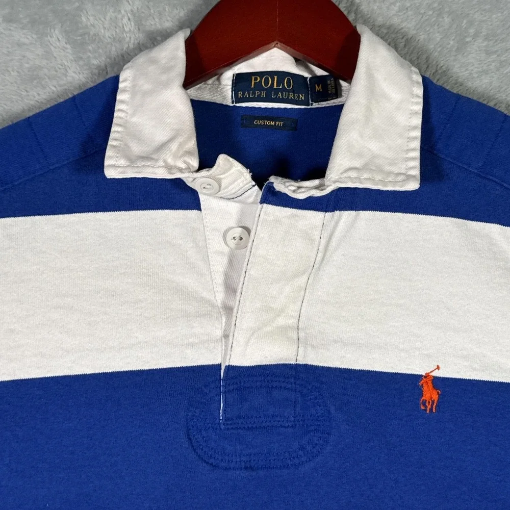 Polo Ralph Lauren Rugby Polo Shirt Mens Medium Blue White Long Sleeve Striped - Picture 3 of 10